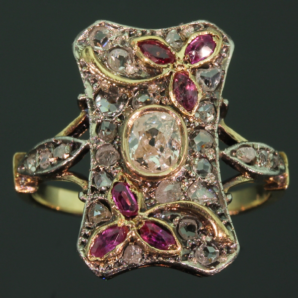 Victorian ring with rubies rose cut diamonds and old mine cut brilliant diamond